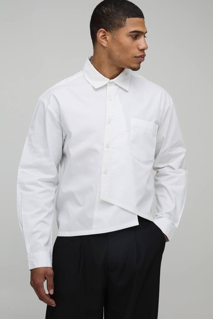Oversized Boxy Asymmetrisch Knoopslijst Poplin Overhemd | White | Size XS
