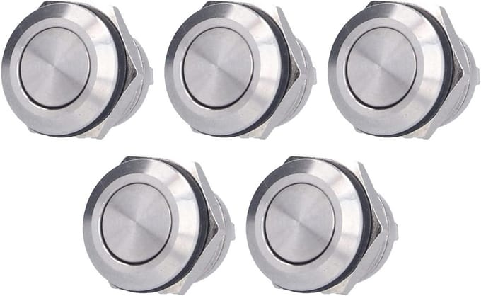 Set van 5 Roestvrijstalen Drukknoppen Plat, Waterdichte 12mm Schakelaars 0-220V