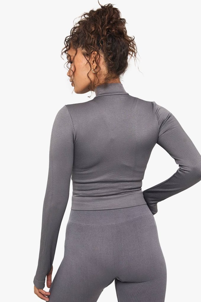 Dames Boohoo Basics Naadloze Rib Zip-Through Jas | Houtskool | Maat: Medium