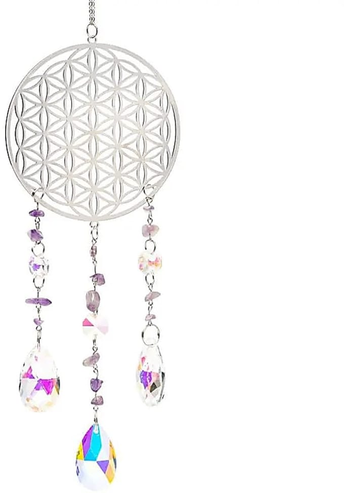 Suncatcher Bloem des Levens zilverkleurig met amethist - ±8 cm
