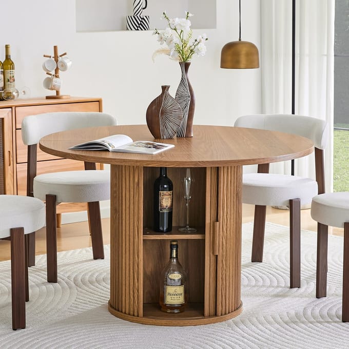 Sweiko Eettafel - φ120 cm - Rond - Houtnerf - Met opbergkast - Bruin