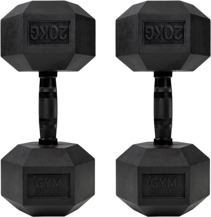 Gym Masters Dumbbells 20 kg Set (2 stuks) – Hexagon Rubber Dumbbells – Zwart
