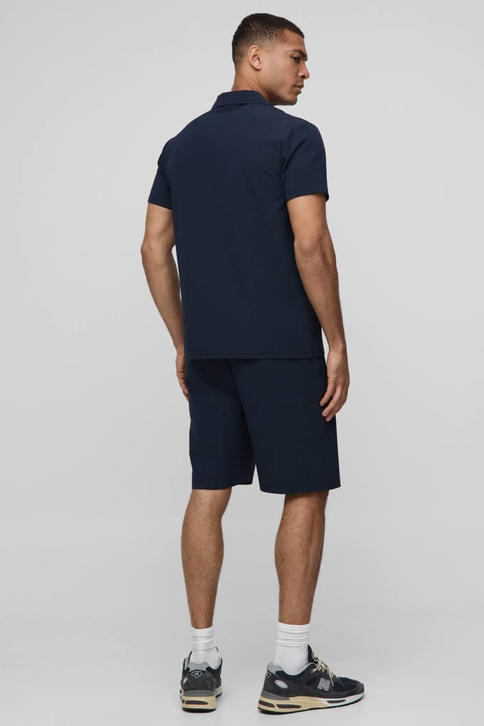 Regular Fit Seersucker Streep Overhemd & Shorts Set | Navy | Size XS