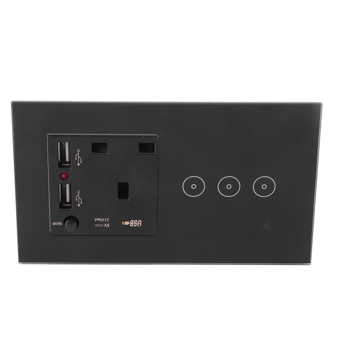 Panneau de prises murales Wi-Fi à 3 prises avec ports USB et télécommande par application black