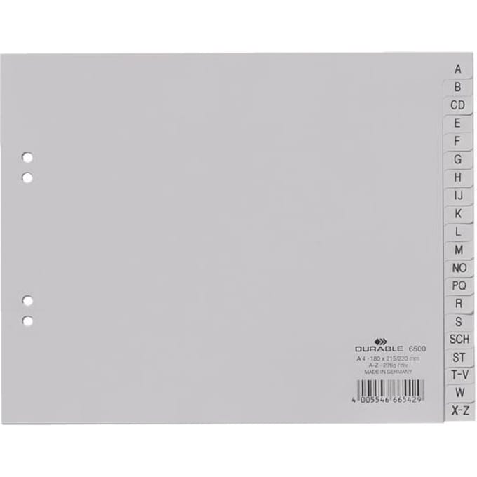 Durable 6500 Register DIN A4 A-Z Polypropyleen Grijs 20 tabbladen Bedrukte tabs 650010