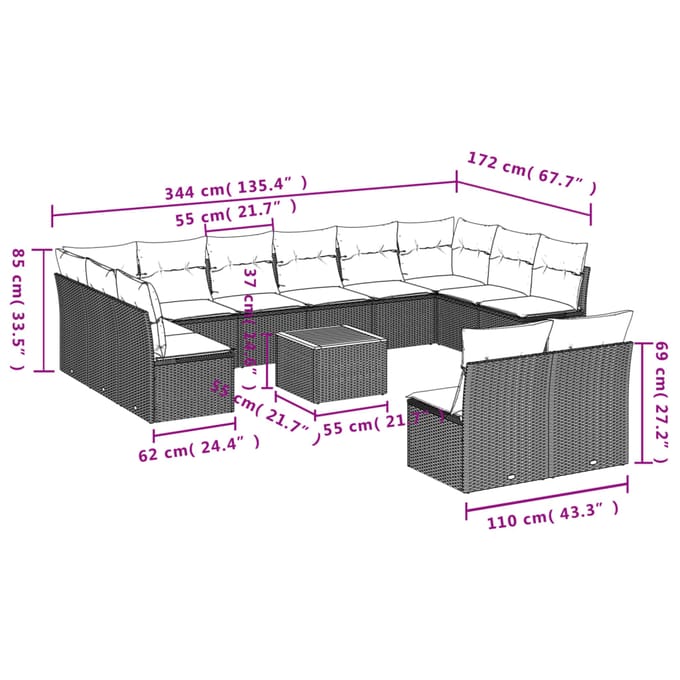 vidaXL - 13-delige - Loungeset - met - kussens - poly - rattan - zwart