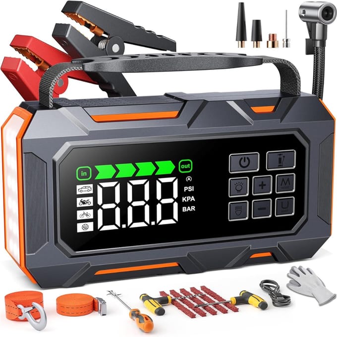 DailySupplies® Jumpstarter met Compressor - Startkabels - Starthulp voor Auto - Accubooster - Zwart