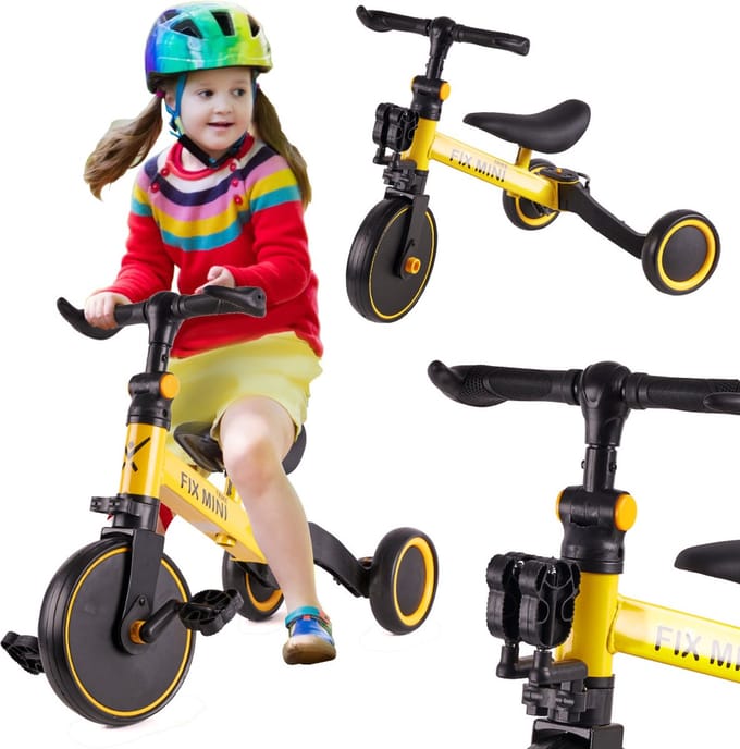 Playos® - 3 in 1 Loopfiets - Geel - Verstelbaar - Driewieler - Fiets - Loopwagen - Kinderfiets - Cadeau - Speelgoed