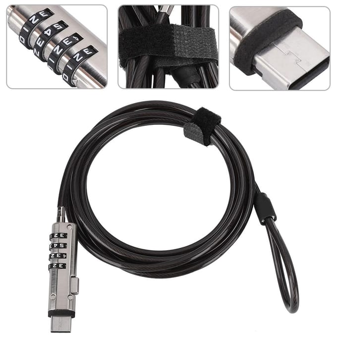 4 Chiffres Mot de Passe Déverrouillage Ordinateur Portable Cadenas de Sécurité Câble Antivol black