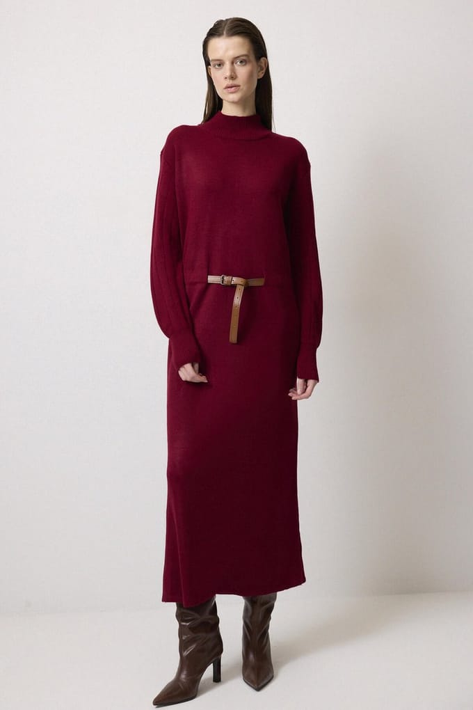Touché Privé - Gebreide jurk met riem - Bordeaux - Dames