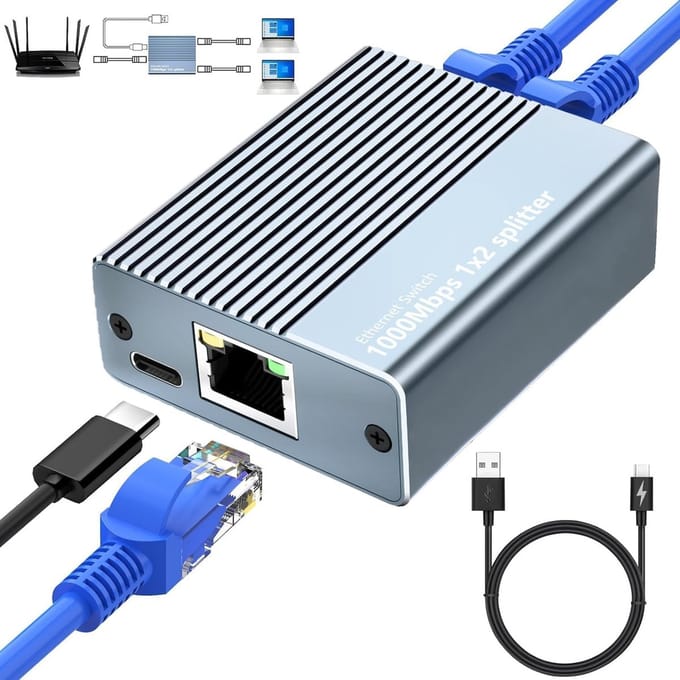 Ethernet Splitter 1 naar 2 - 1000Mbps Gigabit Switch met Type C Voedingskabel