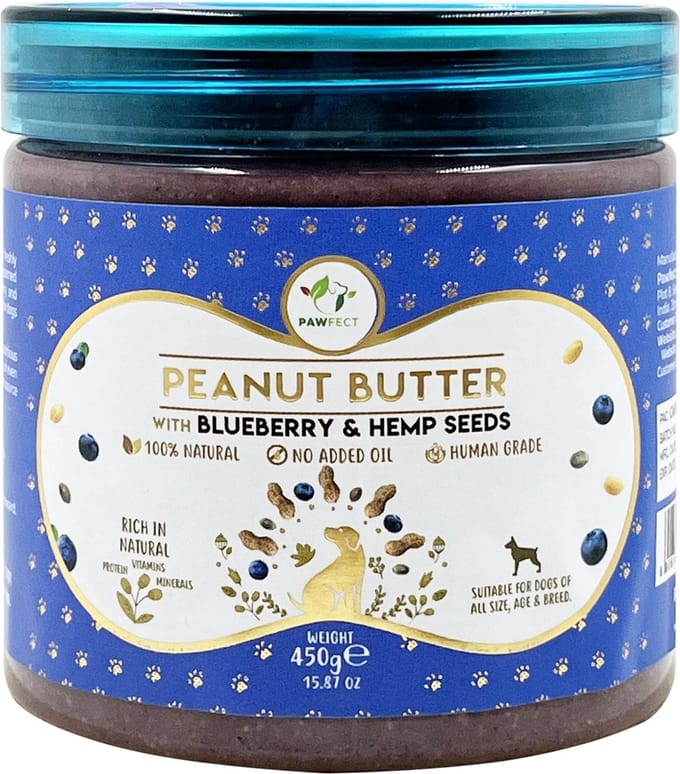 Pawfect Pindakaas voor de hond Blauwe bessen & Hennepzaden 450 gr.