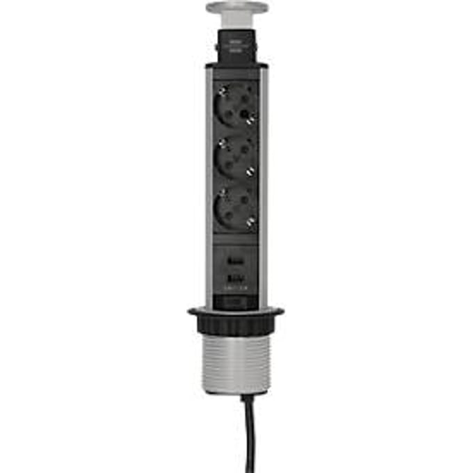 Brennenstuhl Tower Power aluminium tafelcontactdoos, 3 aardingscontactstoppen in 45°-opstelling, 2 USB-stekkers, uitschuifbaar, 2 m kabel, L 335 x B 85 x D 120 mm, zilver/zwart