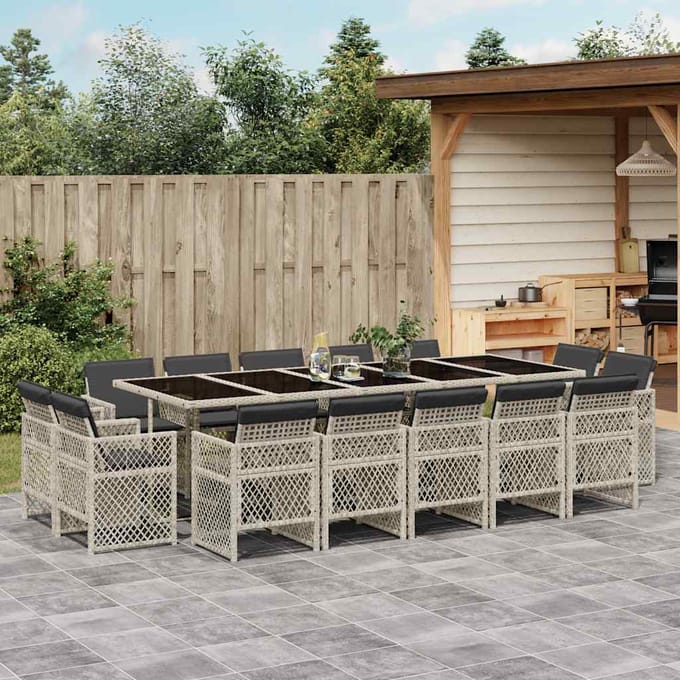 vidaXL - 15-delige - Tuinset - met - kussens - poly - rattan - lichtgrijs