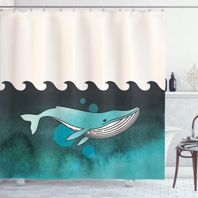 ABAKUHAUS Dier Douchegordijn, Walvis in de Nähe van Palm Eiland, Stoffen Badkamerdecoratieset met Haken, 175 x 240 cm, Groen en Blauw