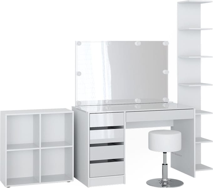 Vicco Sherry Kaptafel – 5 stuks, met opbergplank, staande plank, spiegel, kruk, LED Wit