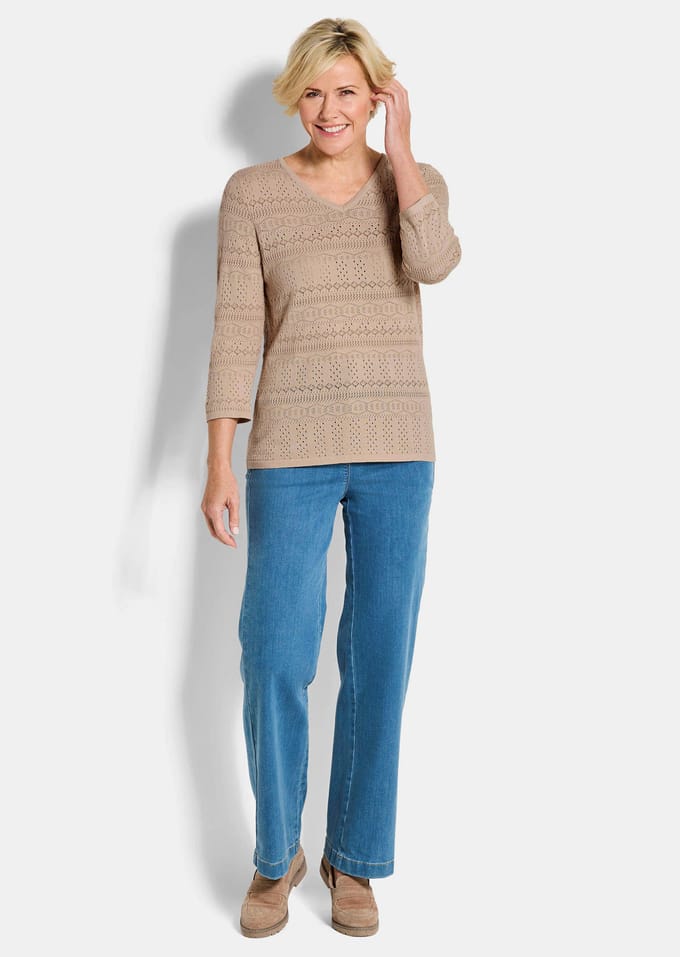 Lichte tricot pullover met ajourpatroon - beige - Gr. 20 van Goldner Fashion