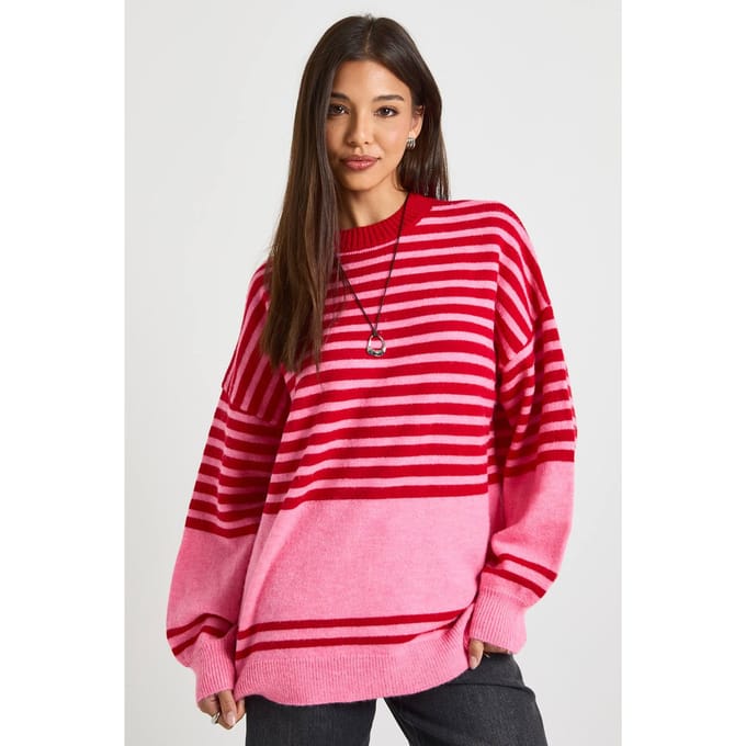 boohoo Dames Mixed Stripe Oversized Trui | Pink | Maat: Small