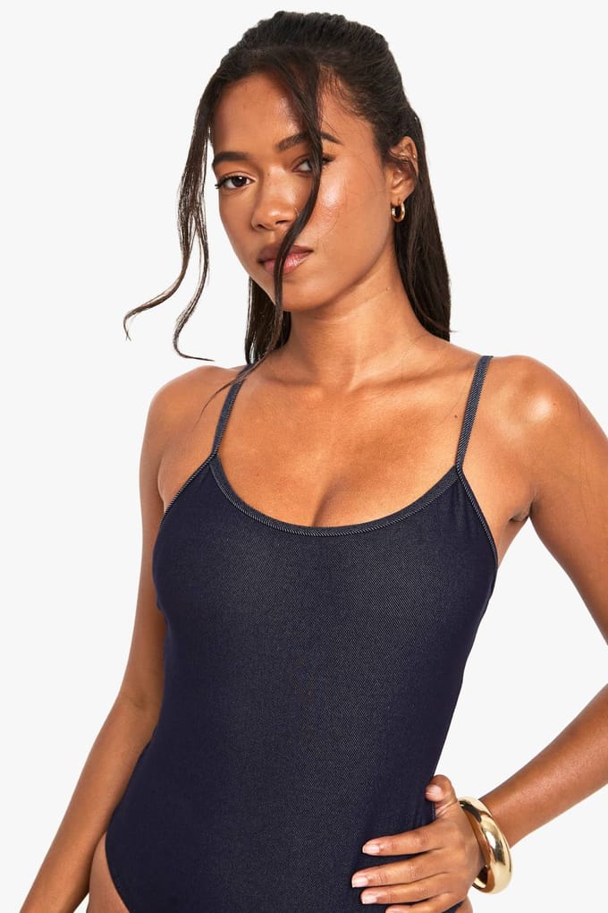 boohoo Dames Denim Look Square Neck Zwempak | Maat: 6
