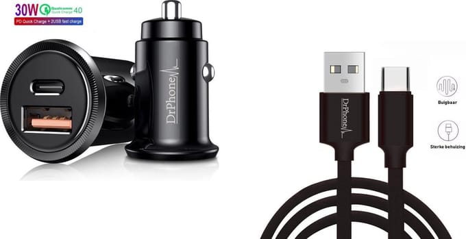 DrPhone Invisible Pro - Mini Autolader - 30W - USB-C met PD (power delivery) & USB Qualcomm 3.0 + 2M USB-C Gevlochten Nylon Kabel- Tablet / Smartphone