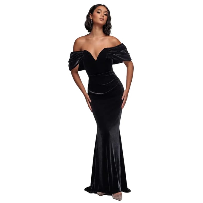 Vrouwen fluwelen jurk Goddiva Off The Shoulder Deep Plunge Maxi