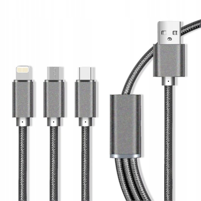 Maxlife 3-in-1 USB Kabel: Lightning, USB-C, Micro USB - 1m Grijs