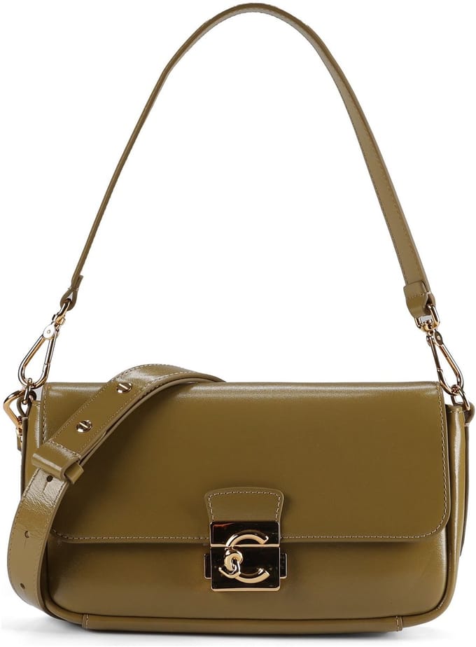 COCCINELLE Leren schoudertas handtas C-Me Lock Shiny Smooth Handbag Leather Seagrass kaki