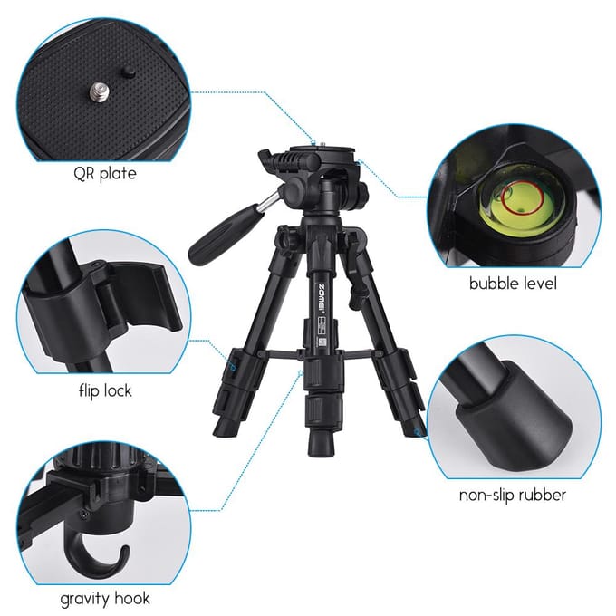 ZOMEI Q100 52cm/20  Lichtgewicht Draagbaar Aluminium Camera Reis Mini Tafelstatief met Snel black