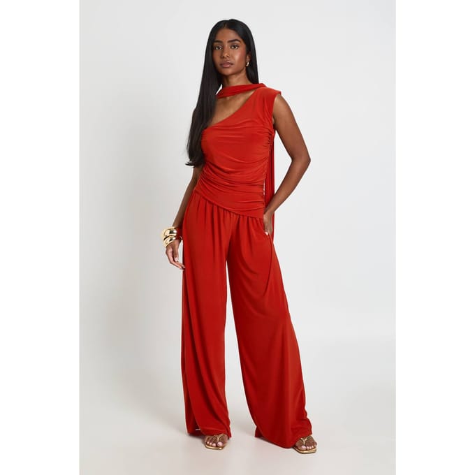 boohoo Dames Slinky Jumpsuit Met Éen Schouder En Draperende Details | Rust | Maat: 16