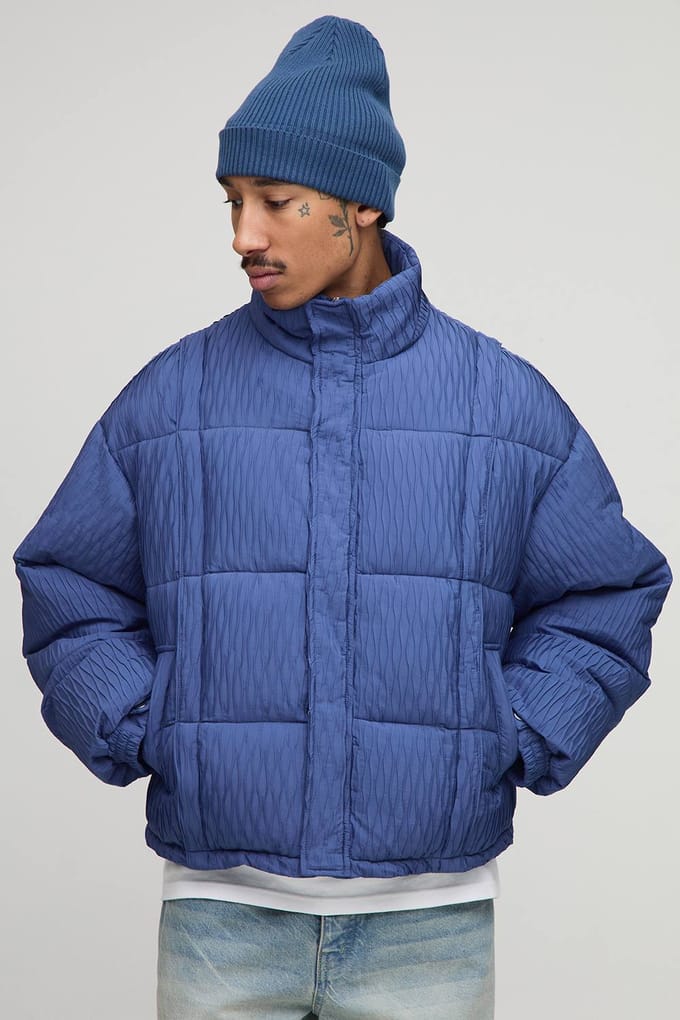 Boxy Fit Textured Pintuck Funnel Neck Puffer Jacket | Blue | Size Medium