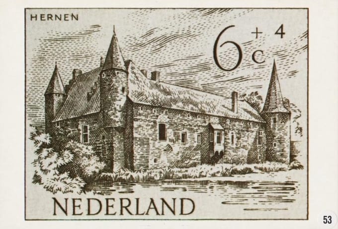 Briefkaart met afbeelding kasteel Hernen bij Bergharen postzegel