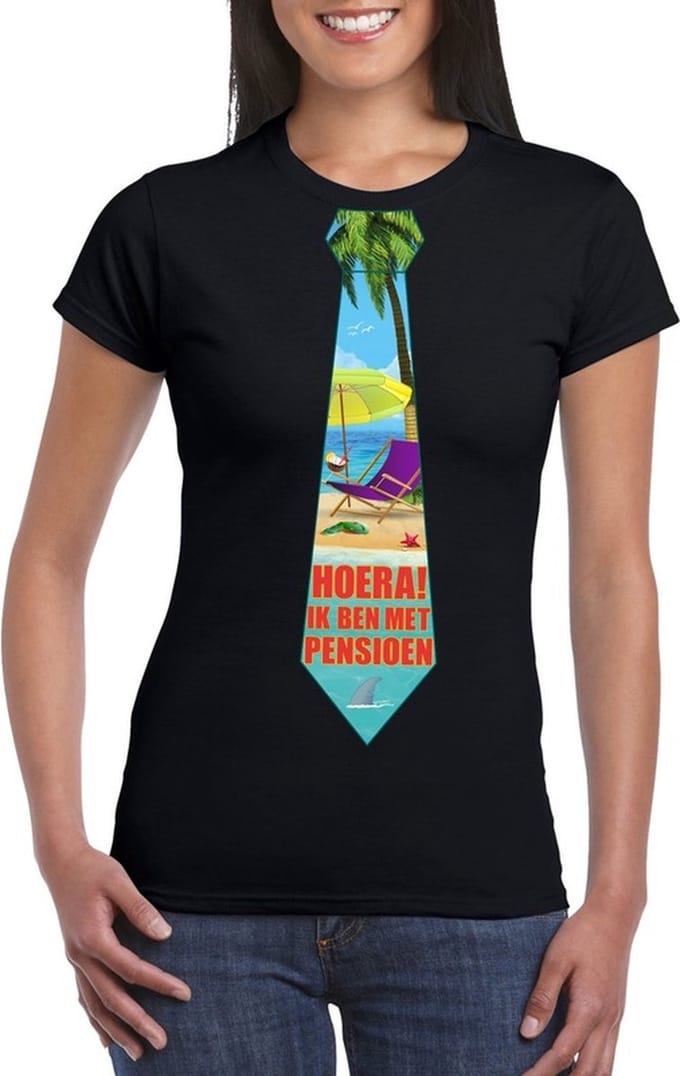 Pensioen t-shirt met stropdas dames zwart M