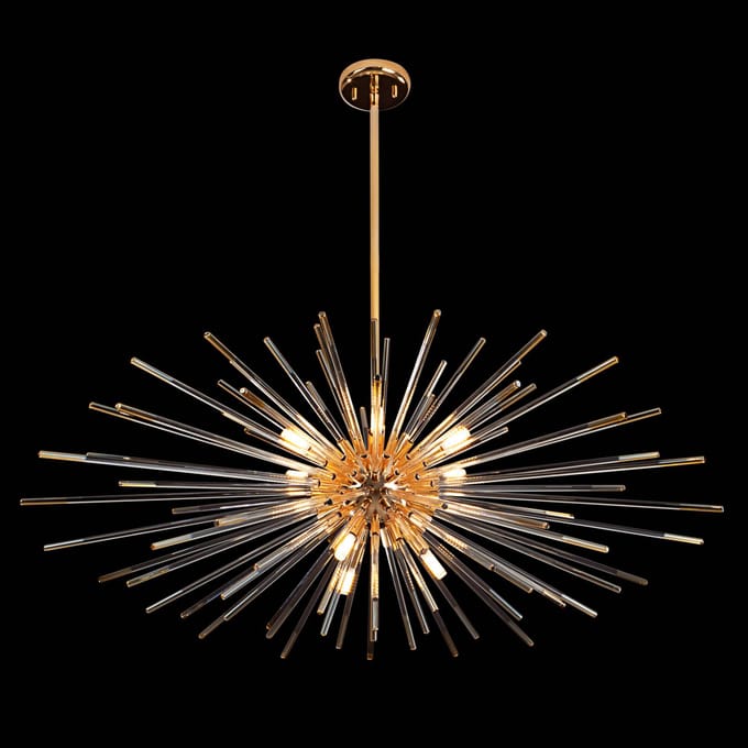 Schuller Valencia Evasion hanglamp, 9-lamps, goud, metaal, glas, Ø 100cm
