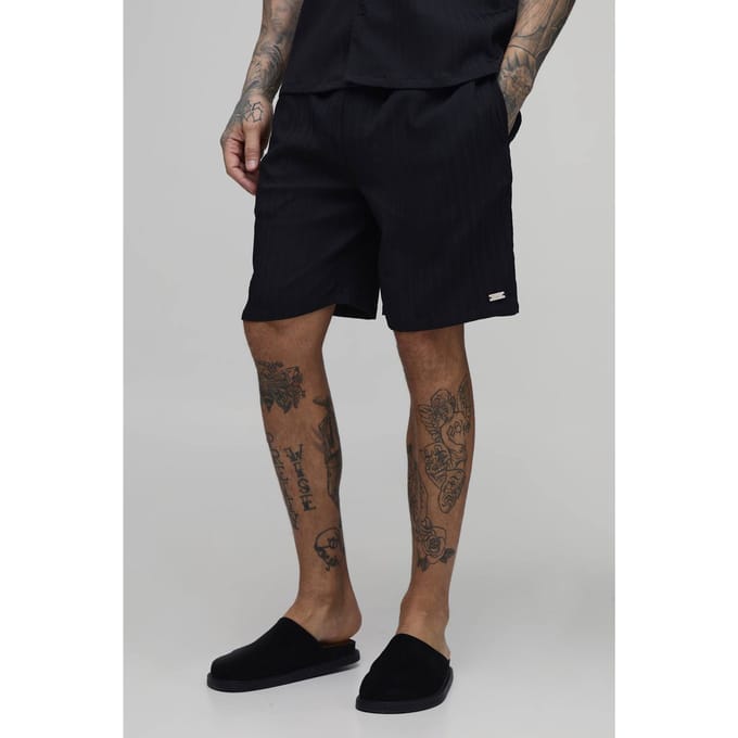 Lange Getextureerde Geplooide Shorts Met Ontspannen Pasvorm | Black | Size Medium