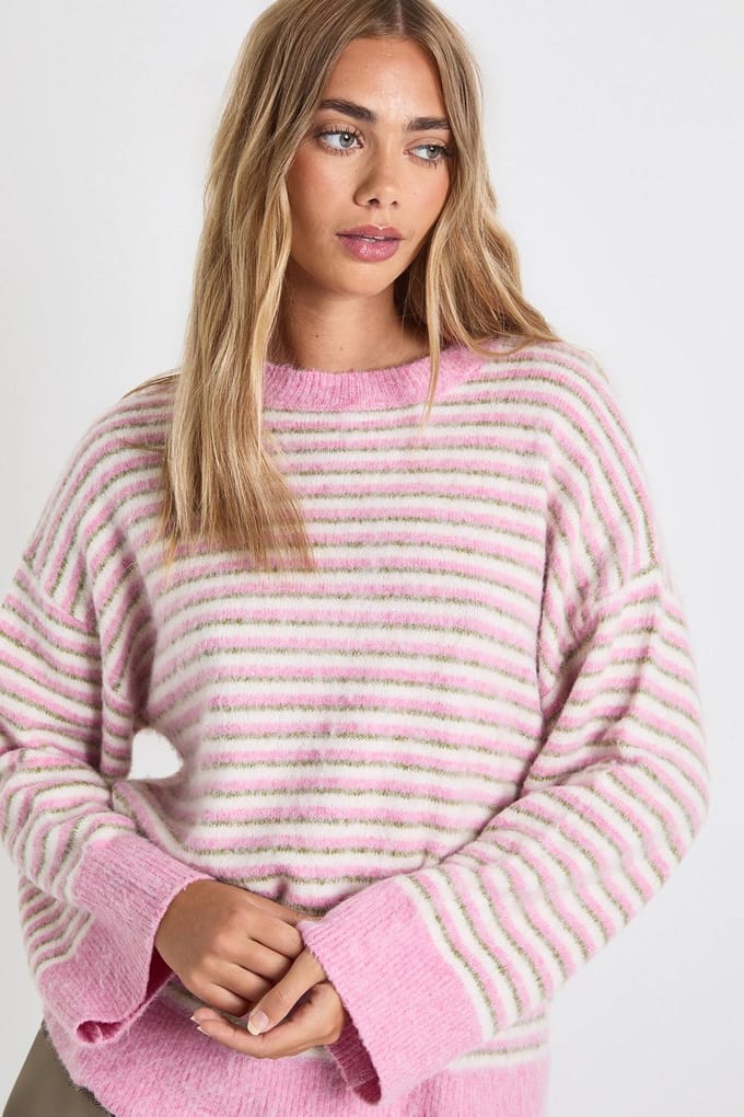 boohoo Dames Superzachte dun gestreepte oversized gebreide trui | Pink | Maat: Medium