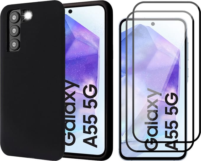 Hoesje geschikt voor Samsung Galaxy A55 - 2x Screenprotector Volledig Dekkend Glas - Mat Back Case Zwart