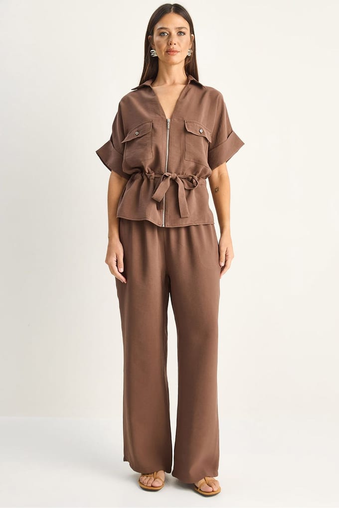 Katoenen Poplin Vest en Wijde Pantalon Set