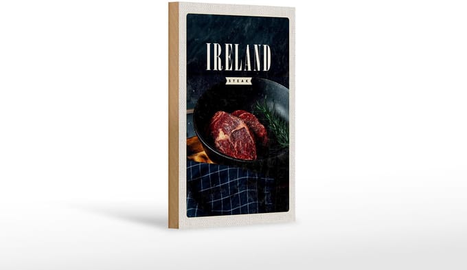 Holzschild Reise 12x18 cm Irland Steak angebraten Pfeffer
