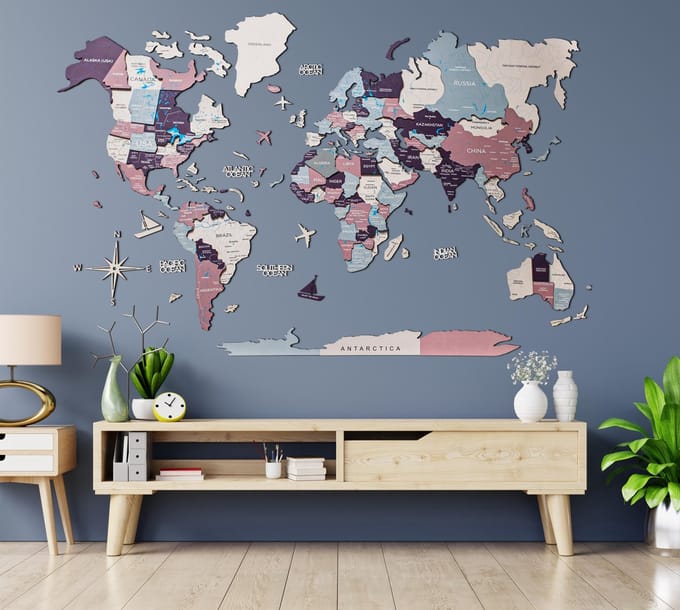 Houten Wereldkaart 3D - Berry - XL (200 x 120 cm)