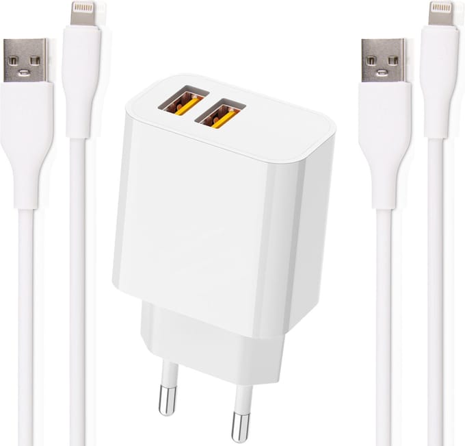 Oplader 2 poorten geschikt voor iPhone 11, 12, 13, 14 + Lightning naar usb-A kabels 1 meter - Dubbele usb oplader - Set