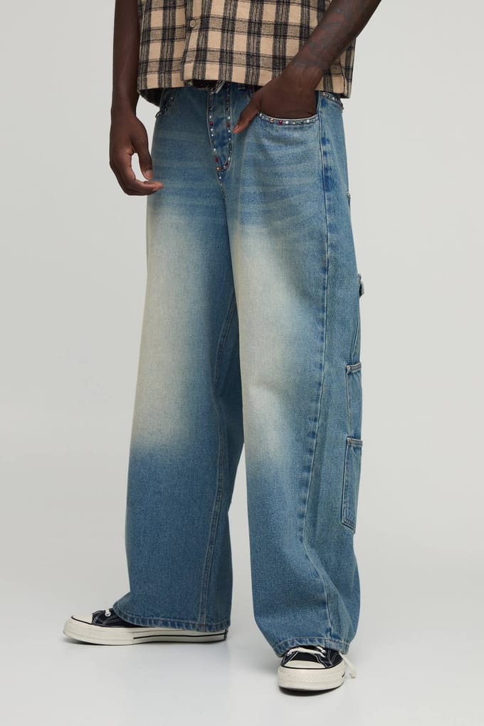 Baggy Jeans Met Versierde Afwerking En Meerdere Zakken | Vintage Blue | Size 30