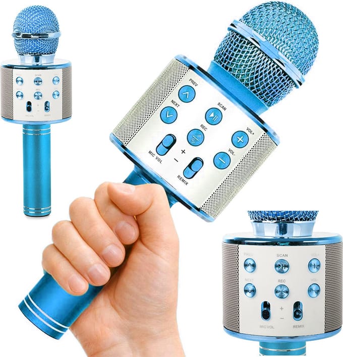 Playos® - Karaoke Microfoon - Blauw - Draadloos - Bluetooth - met Stemvervormer - Kinderen en Volwassenen - Speaker - Karaoke Set