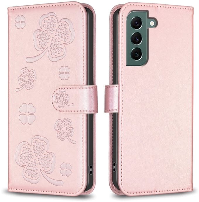 Voor Samsung Galaxy S24 FE 5G Vierbladig reliëf leren telefoonhoesje (roze)