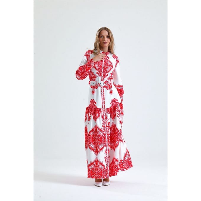 Paisley-print maxi-jurk met strikceintuur en kraag