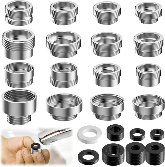 Waterkraan Adapter Set - Kraan Verloopstuk - Slangen Aansluiten - Massief Koper - 16 Stuks - Zilver