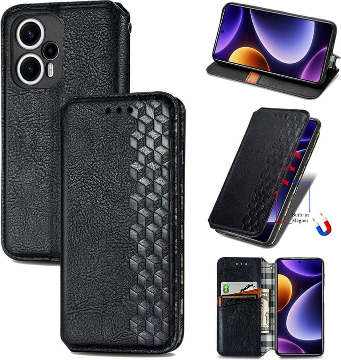 Luxe PU Lederen Ruitpatroon Wallet Case + Screenprotector voor Xiaomi Poco F5 _ Zwart