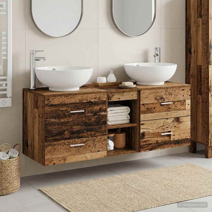 vidaXL - Badkamerkast - set - 3 - st - Oud - hout - 129 - x - 44,5 - x - 80 - cm - Bewerkt - hout