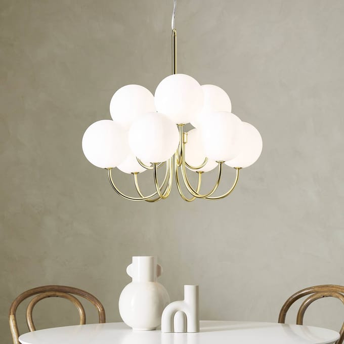 Markslöjd Hanglamp Bianco, 9-lamps, goud/wit, glas, G9