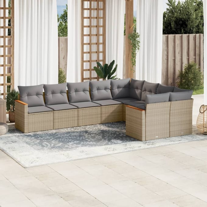 vidaXL - 9-delige - Loungeset - met - kussens - poly - rattan - gemengd - beige