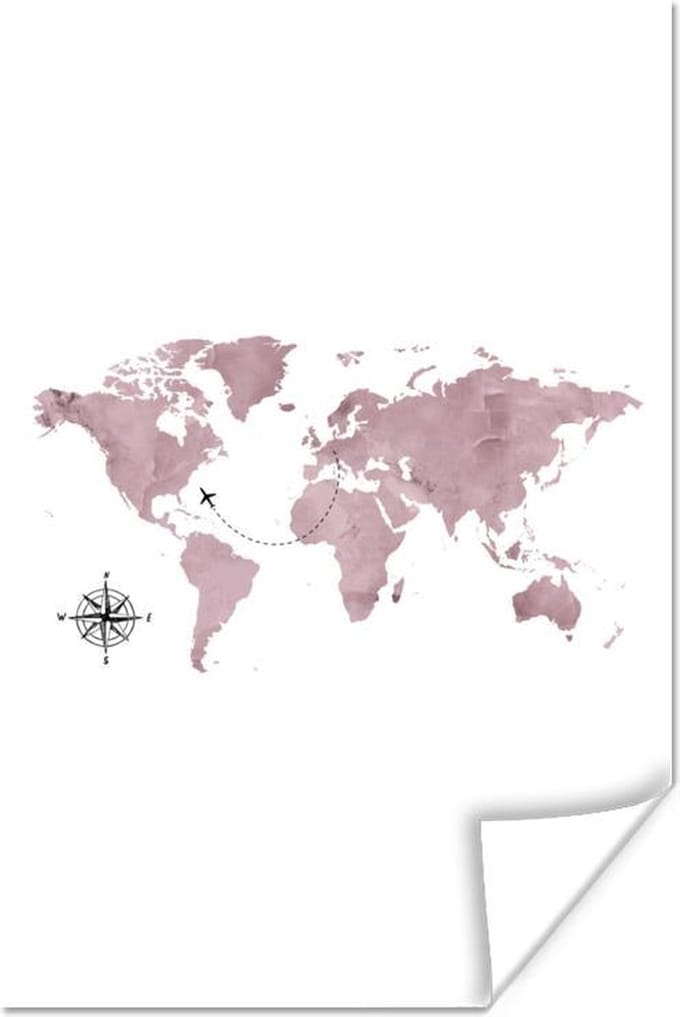 Poster - Wereldkaart - Roze - Vliegtuig - 80x120 cm